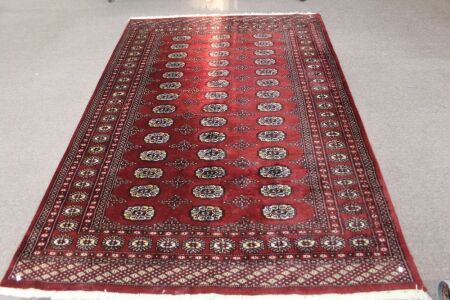 Hand Knotted Pakistani Wool Rug in Burgundy with Geometric Design