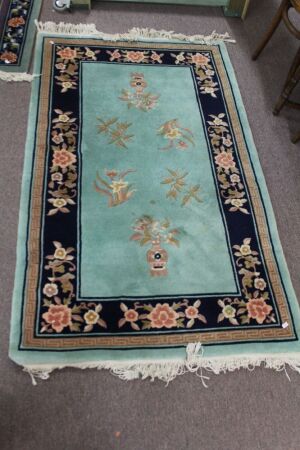 Chinese Wool Rug in Aqua and Royal Blue with Floral Design