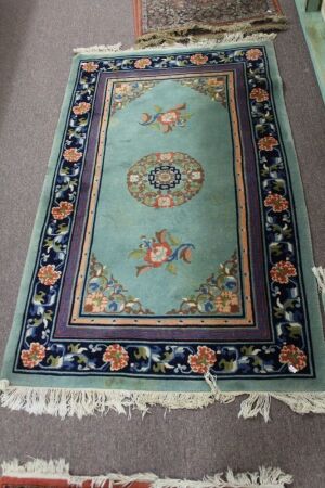 Chinese Wool Rug in Aqua and Royal Blue with Geometric and Floral Design