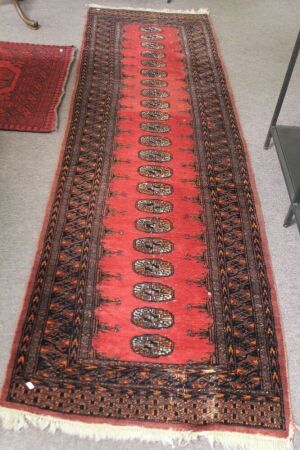 Vintage Hand Knotted Pakistani Wool Runner in Red, Orange and Black Design - Some Wear