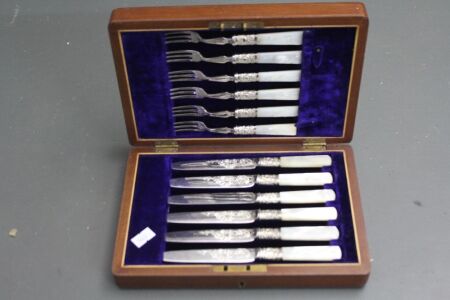Antique Mahogany Boxed Silver Plated Cutlery Set with MOP Handles