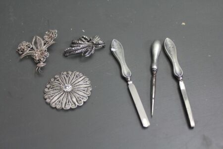 3 x Silver Brooches + 3 x Sterling Silver Handled Vanity Tools
