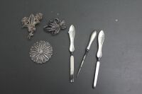 3 x Silver Brooches + 3 x Sterling Silver Handled Vanity Tools - 2