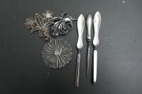 3 x Silver Brooches + 3 x Sterling Silver Handled Vanity Tools - 4