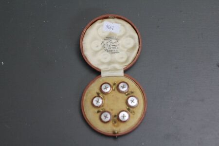 Original Sydney Boxed Set of 6 Gold Plates, MOP and Enamel Buttons