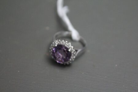 14k White Gold, Amethyst and Diamond Cluster Ring with Valuation