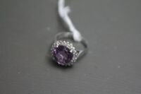 14k White Gold, Amethyst and Diamond Cluster Ring with Valuation