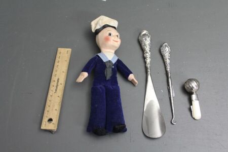 Sterling Silver Handled Crotchet Hook, Shoe Horn and Baby's Rattle + Vintage Norah Welling Sailor Doll