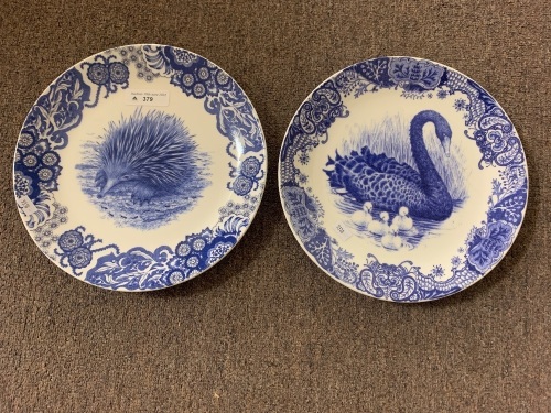 Pair of Australian Ceramics Blue and White Cabinet Plates of Black Swan and Echidna