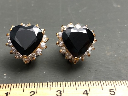 Pair of 18k Gold, Black Spinel and White Sapphire Heart Shaped Clip-on Earrings