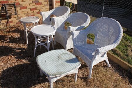 3 White Painted Wicker Armchairs, 2 Round and 1 Lower Square Table