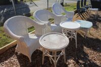 3 White Painted Wicker Armchairs, 2 Round and 1 Lower Square Table - 2