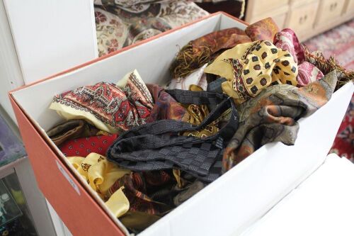 Box Lot of Asstd Silk and Cashmere Scarves, Bow Ties, Cravats Etc