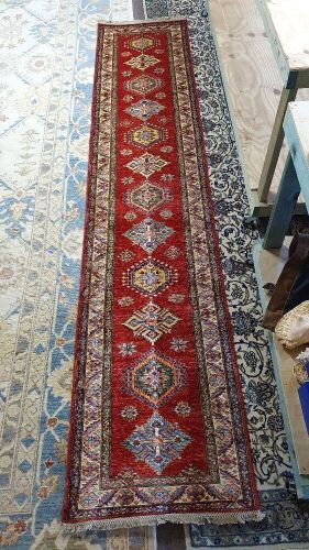 Hand Knotted & Naturally Dyed Turkish Wool Runner in Red Geo Design