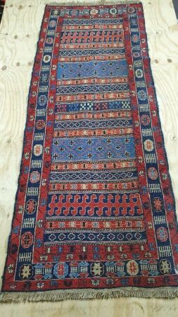 Hand Knotted & Naturally Dyed Turkish Wool Runner in Red/Blue Geo Design