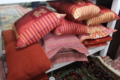 Large Lot of Silk and Cotton Cushions, Seat Pads Etc