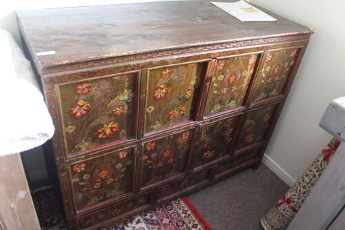 19th Century Tibetan Gold Brocade Painted Cabinet