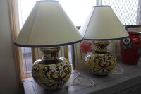 Pair of Large Hand Painted and Glazed Table Lamps with Shades