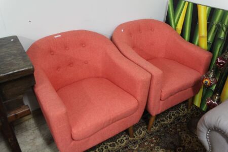 Pair of Quality Button Back Upholstered Tub Chairs on Timber Legs