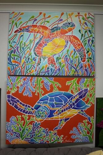 2 x Large Original Canvas Paintings - Turtles - Signed C Bloxsome