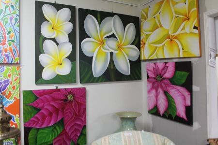 Asstd Lot of 5 x Frangipani and Poinsetia Original Signed Paintings on Canvas