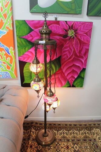 Turkish 5 Glass Mosaic Brass Lantern Stand