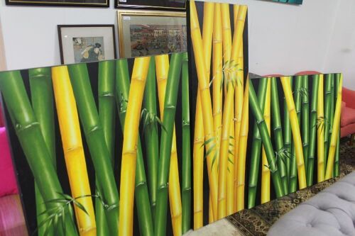 3 x Large Original Canvas Paintings Green and Yellow Bamboo