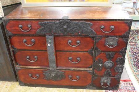 Antique Japanese Timber Lockable Travelling Chest with Iron Mounts