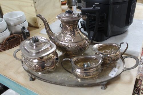 4 Piece Antique Silver Plate Tea Set with Lignum Vitae Handles + Tray