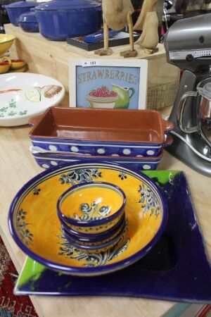 Asstd Lot of Yellow / Blue Mediterranean Style Glazed Kitchenalia + Glass