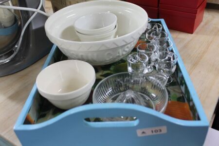 Asstd Lot of Ceramic Bowls - Mason Cash, Fortnum's + Glass Egg Cups and Squeezer on Tray