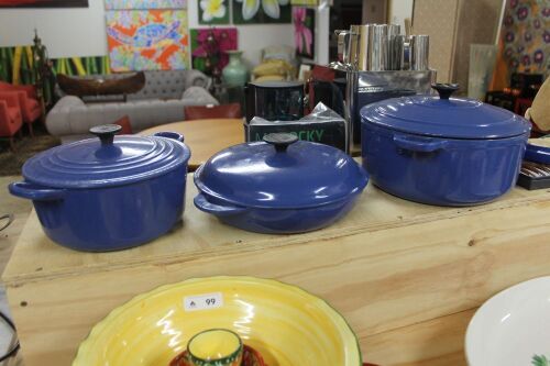 3 x French Cast Iron Enamel Cookware - Large Chasseur Caserole, Smaller Le Crueset Caserole and Saute Pan