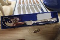 Boxed Set of Unused Thuya Burl Wood Handled Forge De Laguiole Steak Knives + Q.Anne Boxed Cheese Knife - 2