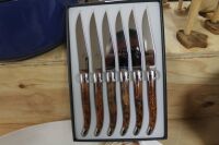 Boxed Set of Unused Thuya Burl Wood Handled Forge De Laguiole Steak Knives + Q.Anne Boxed Cheese Knife - 3