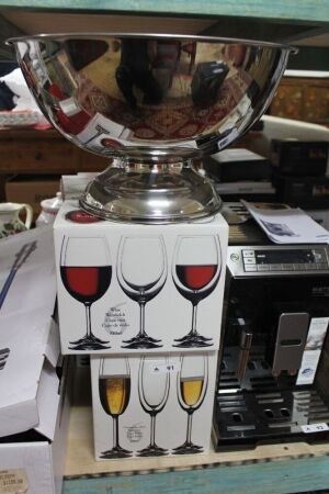 Large Asstd Lot of Czech Boxed Wine Glasses and Flutes + Large Chromed Cooler