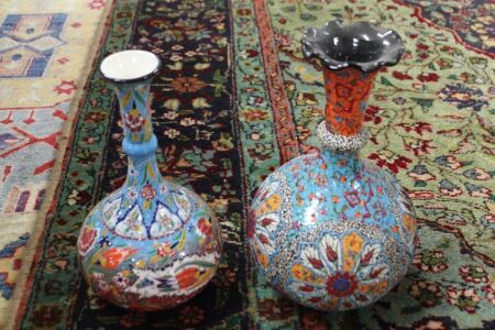 2 x Hand Decorated Turkish Ceramic Vases - Blue/Orange