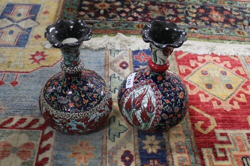 2 x Hand Decorated Turkish Ceramic Vases - Cobalt Blue