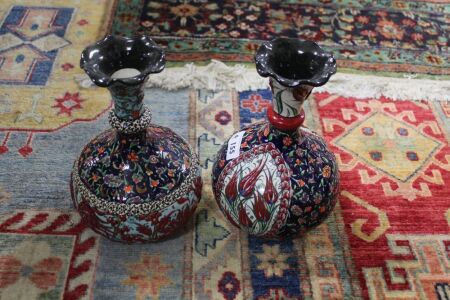 2 x Hand Decorated Turkish Ceramic Vases - Cobalt Blue