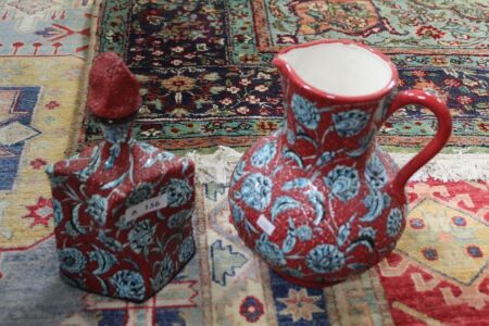 Hand Decorated Turkish Ceramic Bottle and Jug - Red/Aqua