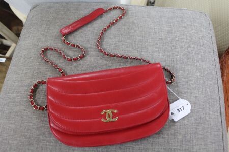 Vintage Chanel Red Leather Shoulder Bag with Gold Chain Cross Body and Leather Strap - Slight Wear