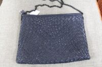 Falorini Italian Woven Blue Leather Shoulder Bag with Cross Body Chain Strap - 2