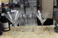 2 x Vintage Etched Wine Bottles + 2 Large Etched Martini Glasses