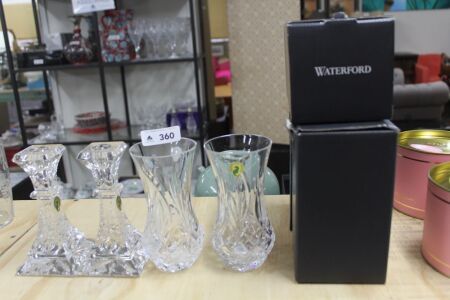 3 x Boxed Waterford Crystal Vases + 2 Matching Candlesticks