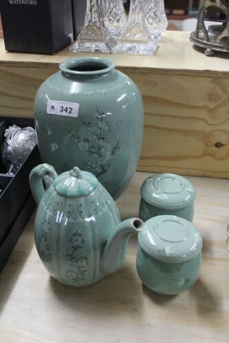 4 Pieces Celadon Glazed Pottery inc. 2 Tea Cups, Teapot & Vase