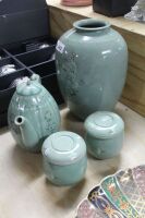 4 Pieces Celadon Glazed Pottery inc. 2 Tea Cups, Teapot & Vase - 2