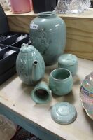 4 Pieces Celadon Glazed Pottery inc. 2 Tea Cups, Teapot & Vase - 3