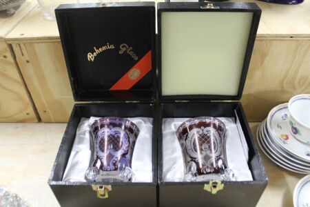 2 x Boxed Signed Bohemian Glass Pots