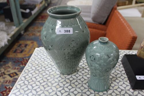 2 x Celadon Glazed Vases