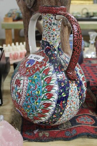 Tall Hand Decorated 2 Handled Turkish Urn - Red, Blue White