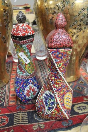 2 x Tall Hand Decorated Turkish Twisted Jars - Red, Blue White